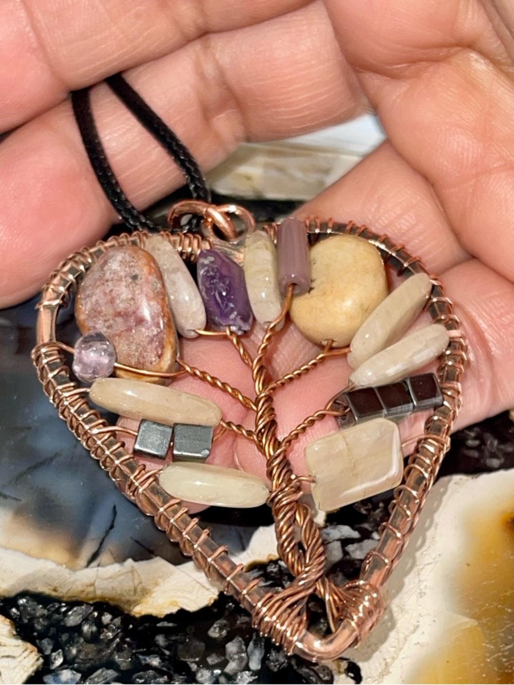 Copper Wire-Wrapped Hematite, Amethyst, Jasper & Agate Crystal Pendant 2 1/2”